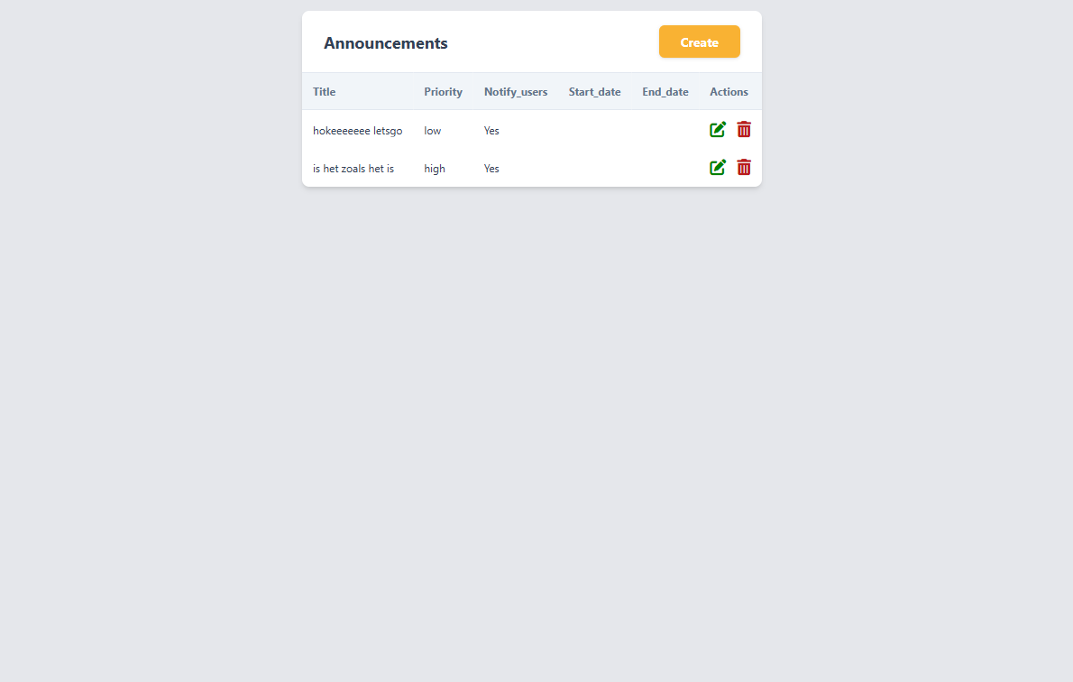 Announcements: list with title, priority, period and the Create button.