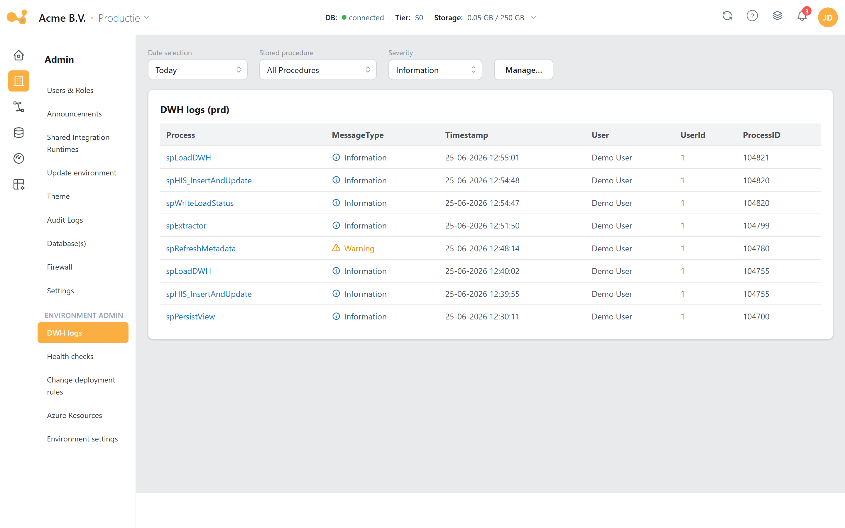 DWH logs screen with filter row, log table and a steps modal for a failed procedure