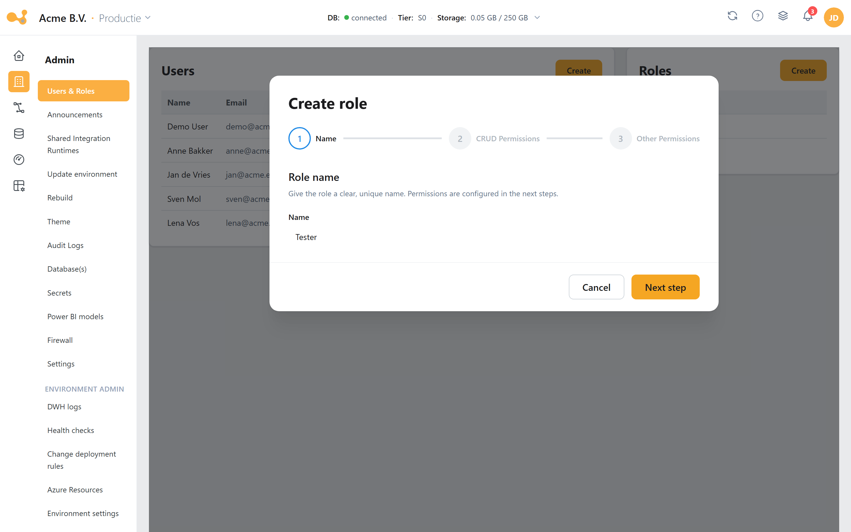 Create role wizard step 1: give the role a name.