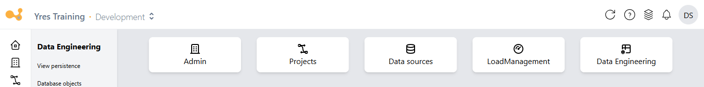 The web app: the icon rail on the left (the sections), the section cards, and the environment switcher at the top.