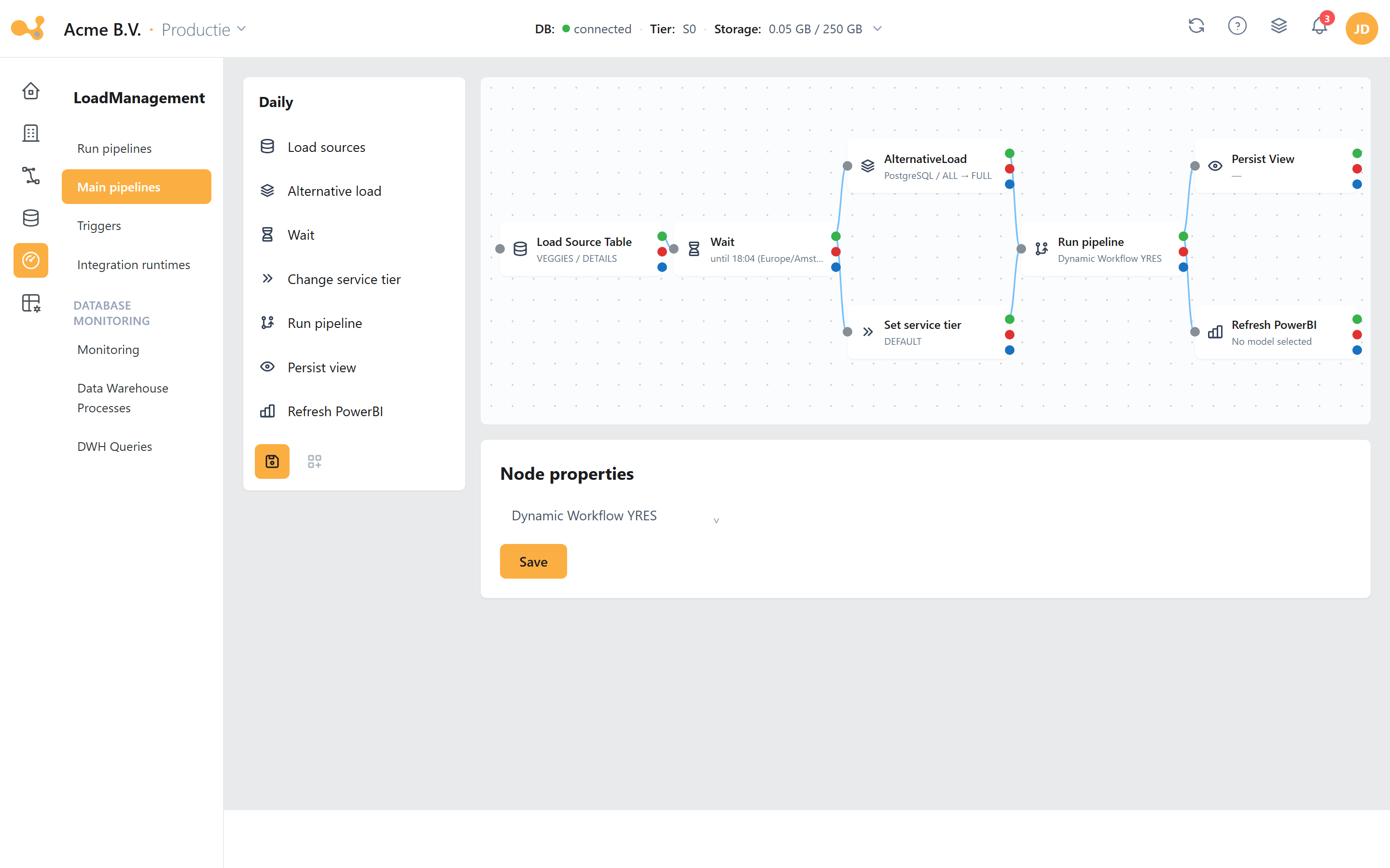 Master pipelines: the node palette on the left, the canvas in the middle with connected nodes and their success/failure/completion outputs.