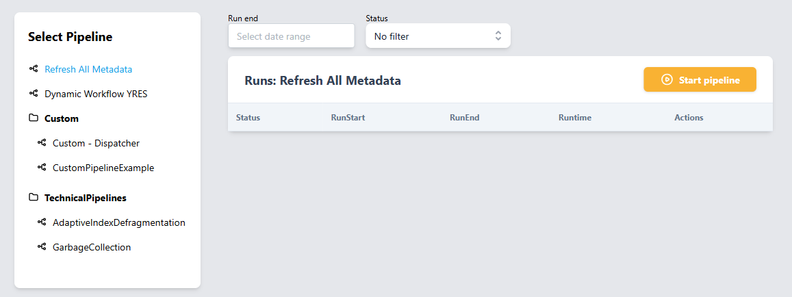 Run Pipelines: pick a pipeline on the left, filter by period/status and start it with Start pipeline.