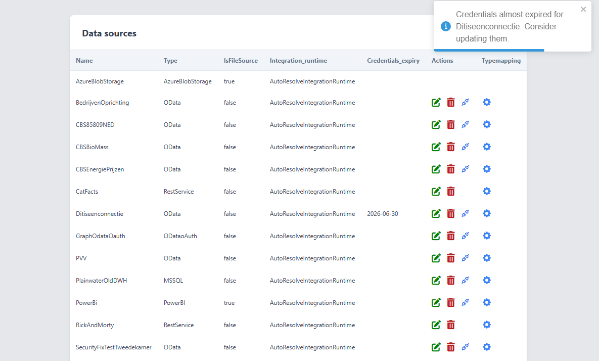 Data sources: per source the name, type, integration runtime, credential expiry and the type-mapping button.