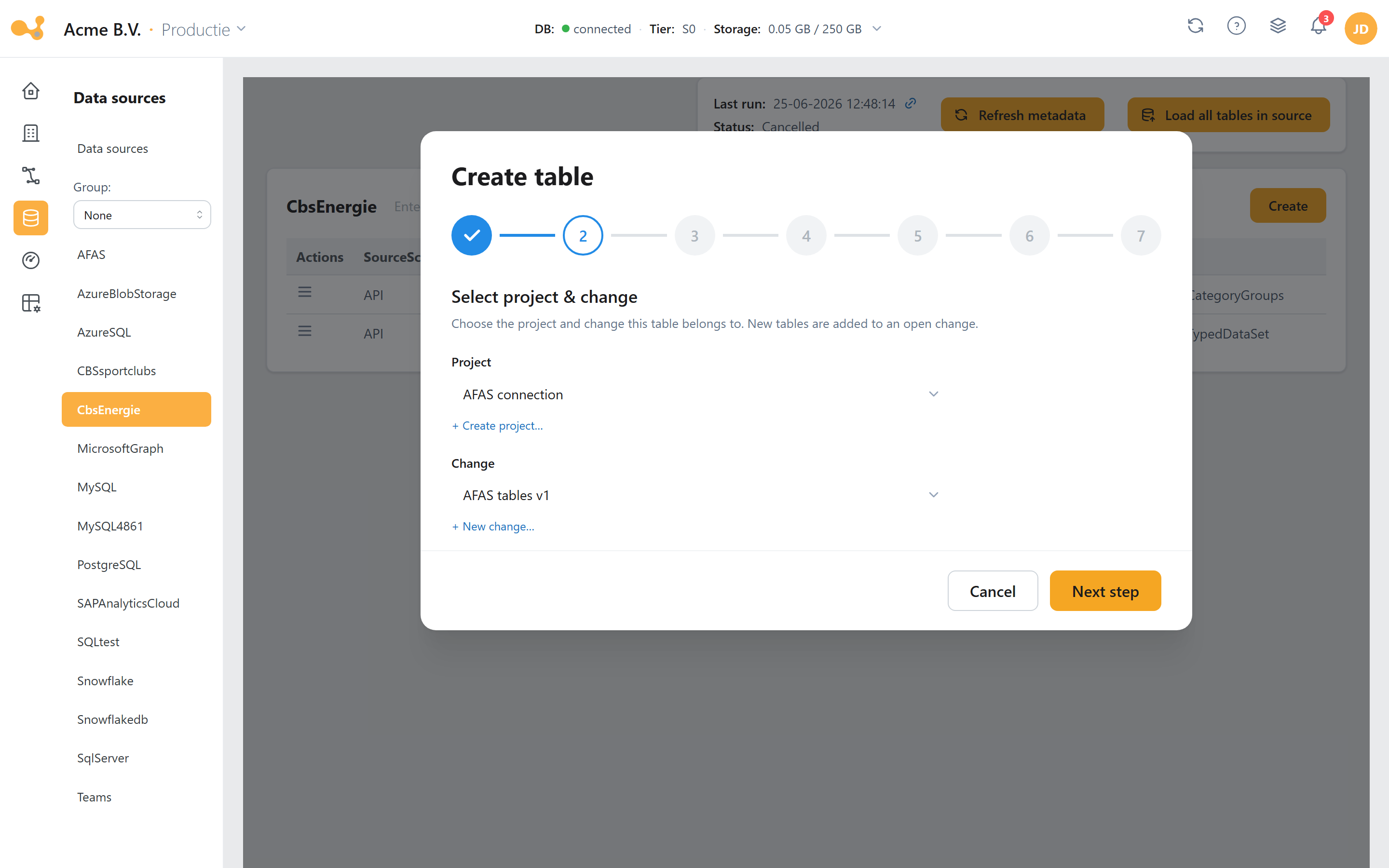 Add table wizard: choose the Project and Change the change is booked under.