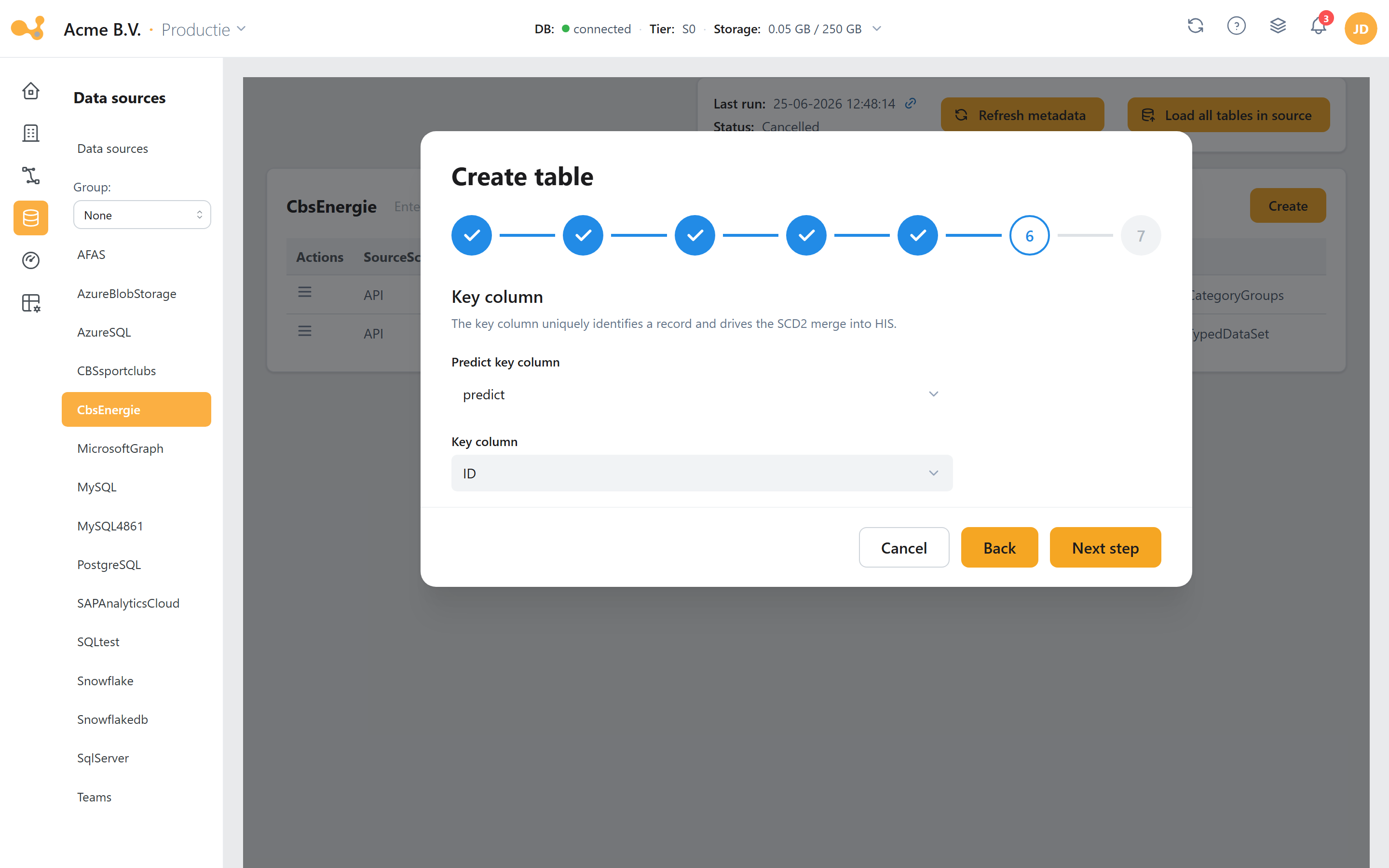 Add table wizard: the key column predicted or chosen manually.