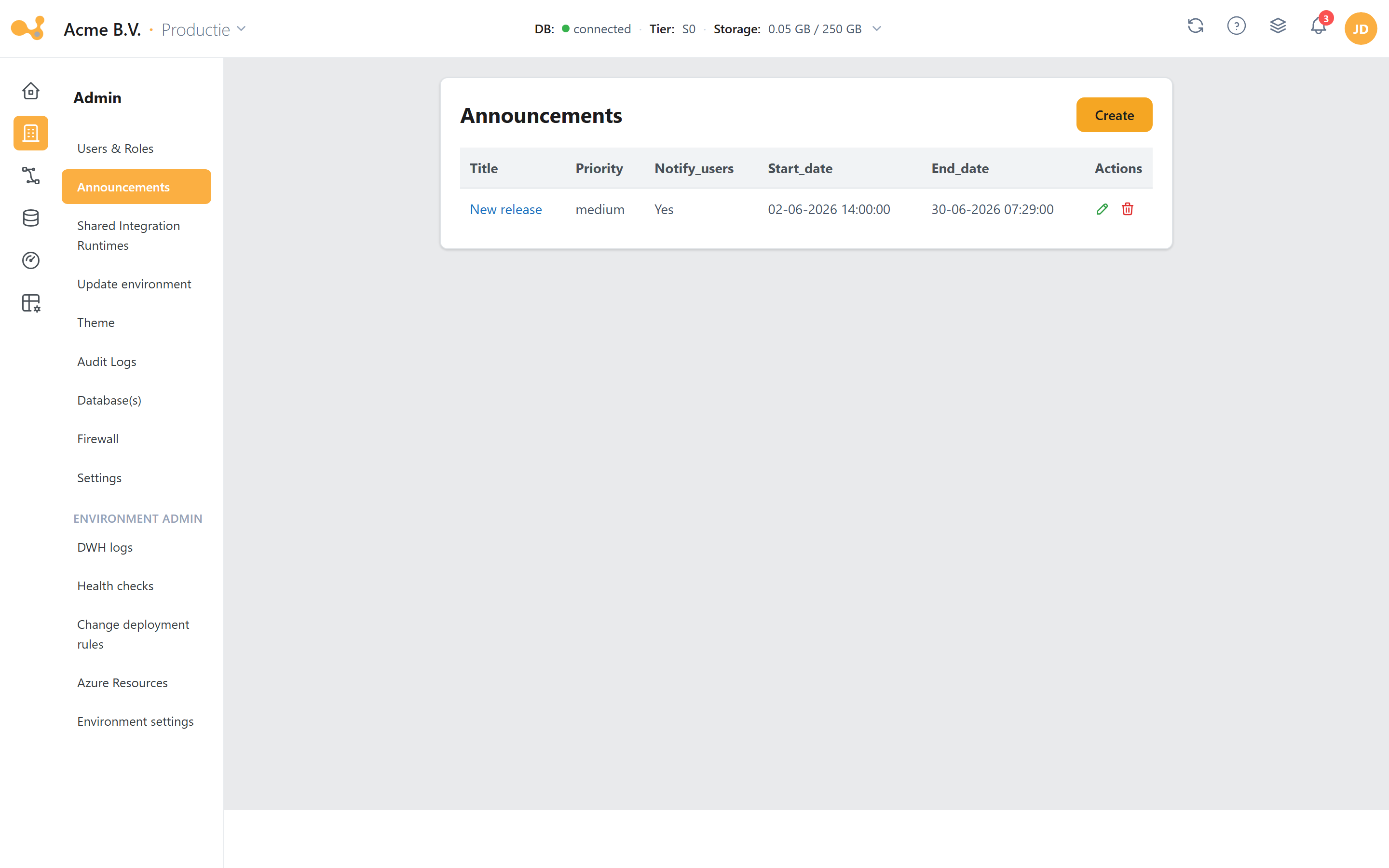 Announcements: lijst met titel, prioriteit en periode, plus een Create-formulier met Markdown-body.