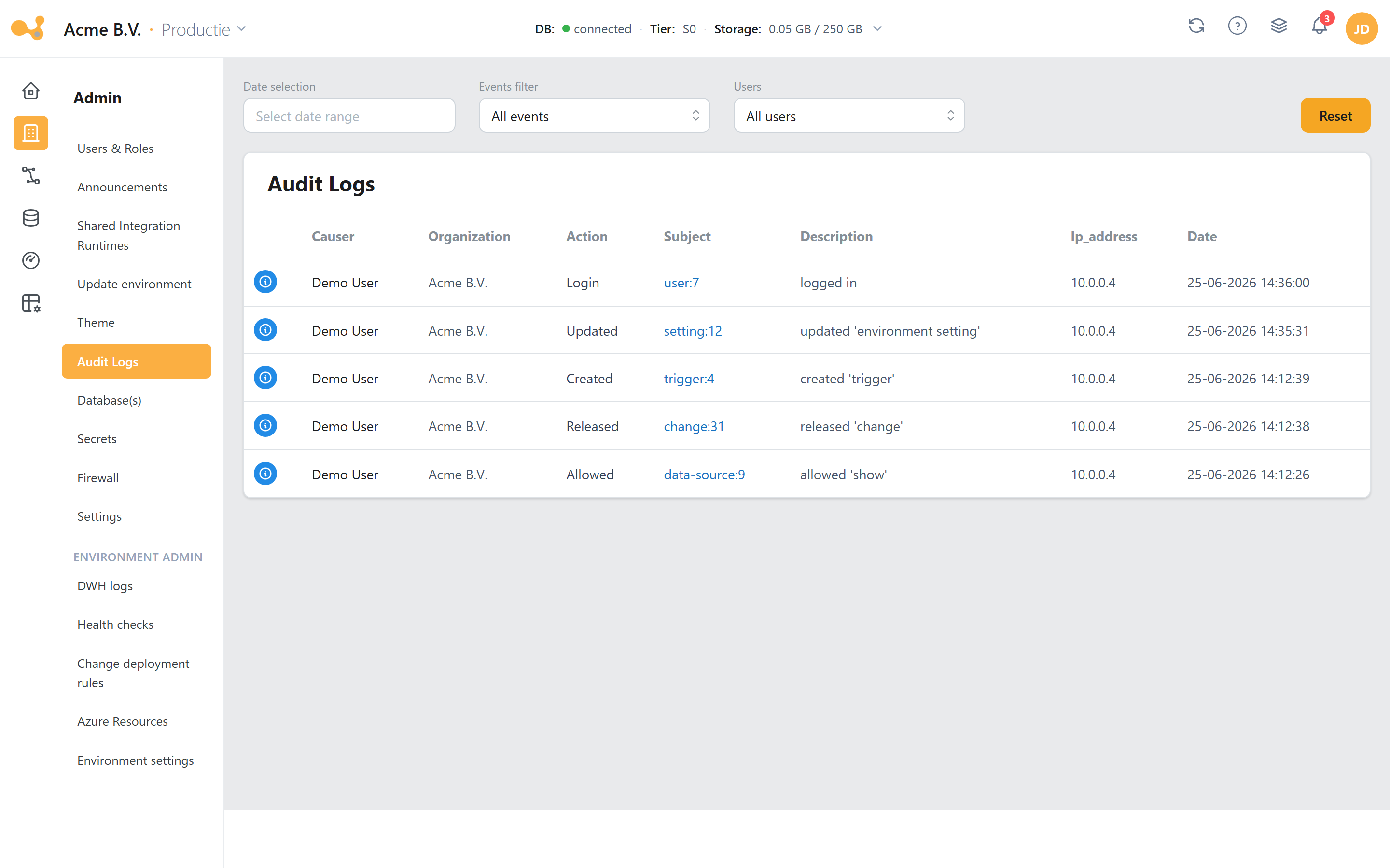 Audit Logs: filters (Date, Events, Users) boven een tabel (Causer, Organization, Action, Subject, Description, IP, created).