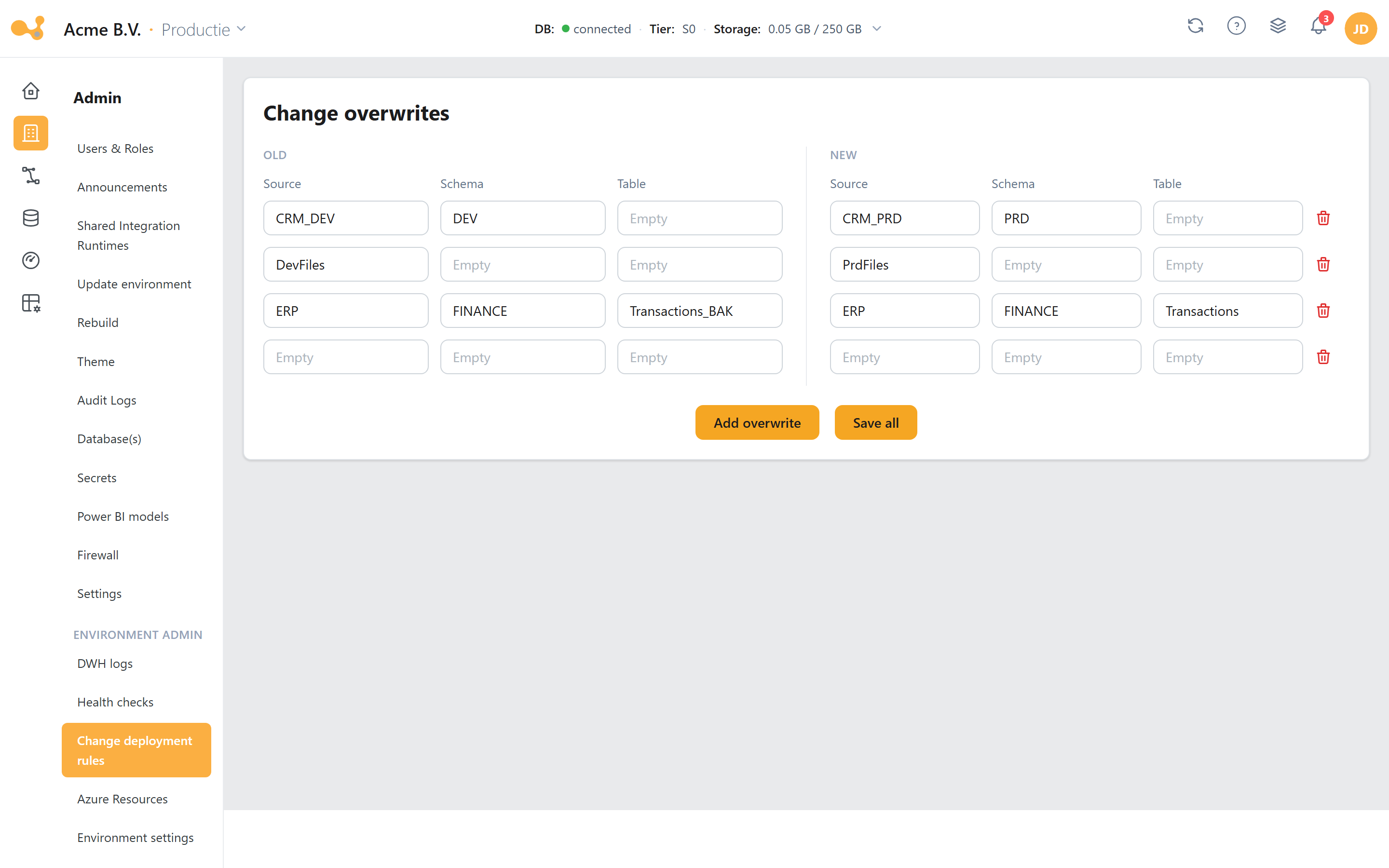 Change deployment rules: objectnamen mappen tussen omgevingen (OLD → NEW: source/schema/table), bijv. CRM_DEV → CRM_PRD.