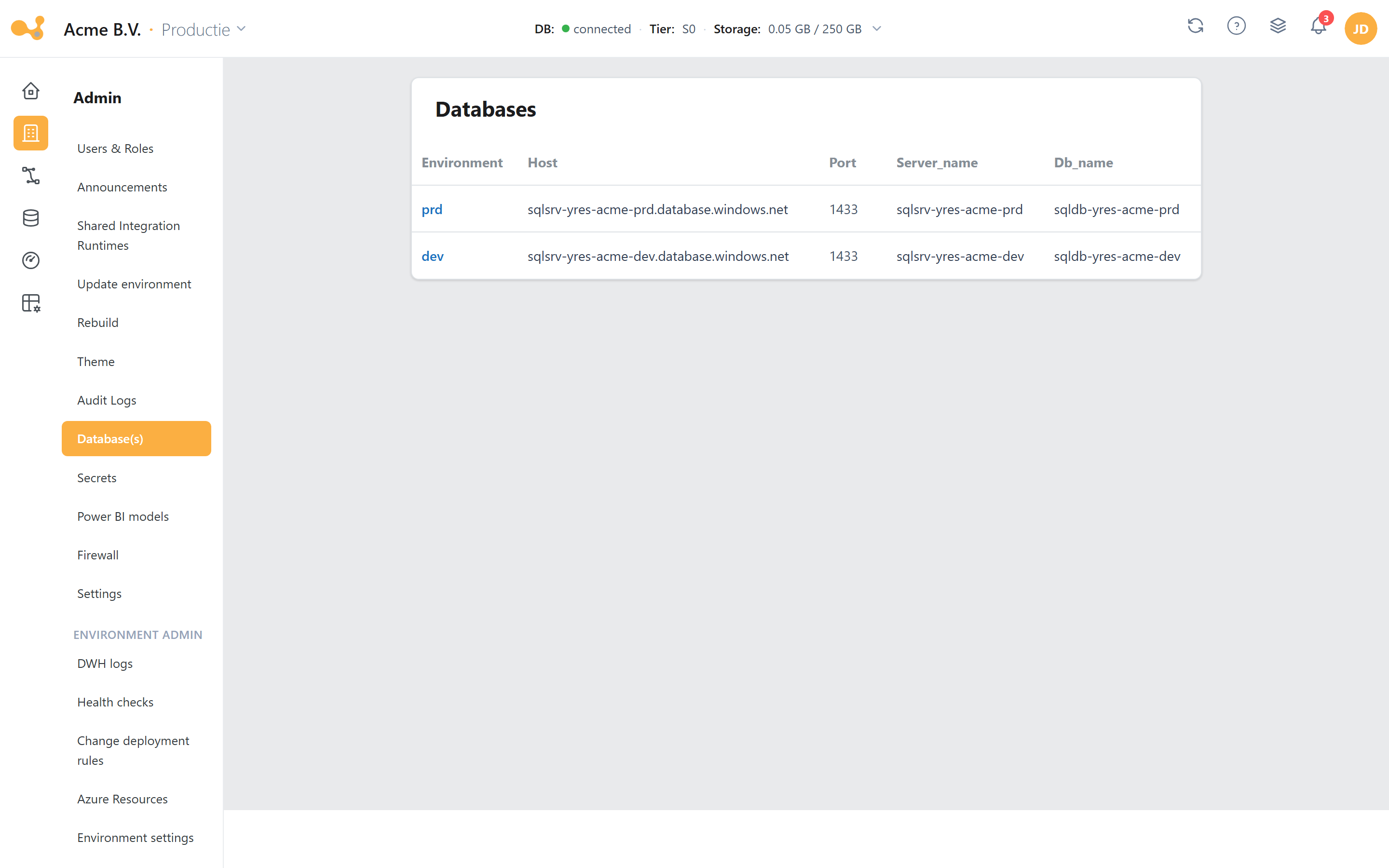 Database(s): de Azure SQL-databases per omgeving met host, poort, server en database-naam.