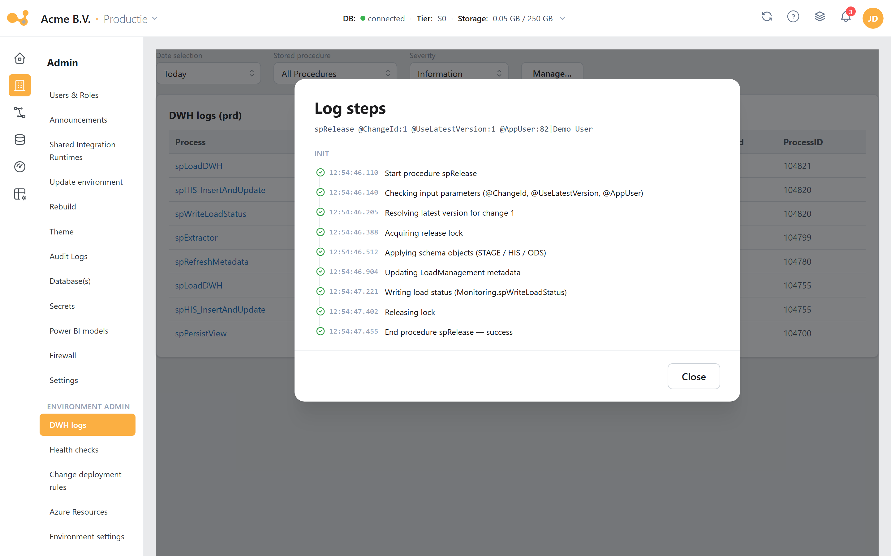 DWH logs - Log Steps: de stap-voor-stap-uitvoering van een stored procedure met tijdstempels.