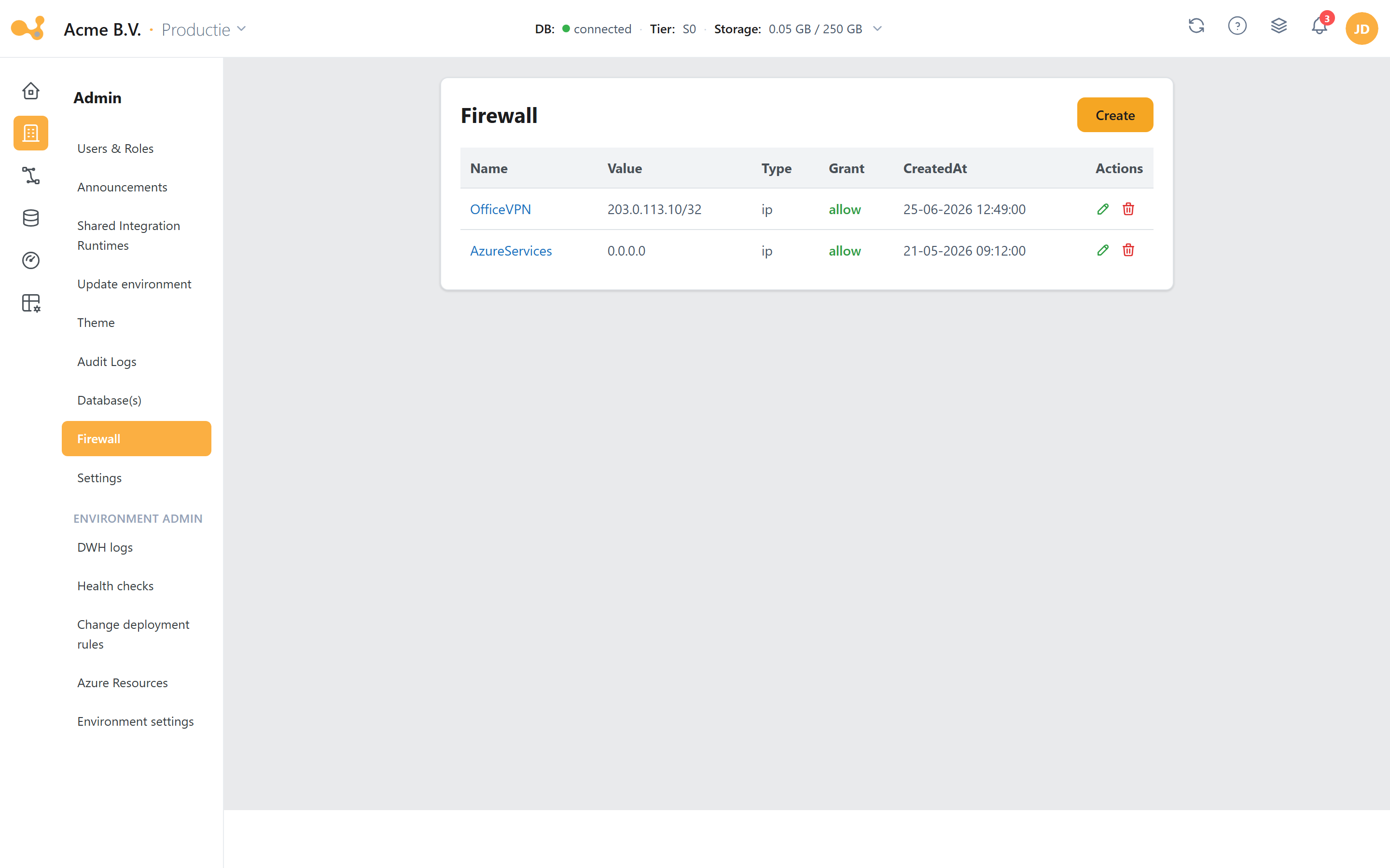 Firewall: tabel met IP-regels (label, IP/CIDR, Allow of Deny) en een Create-formulier.