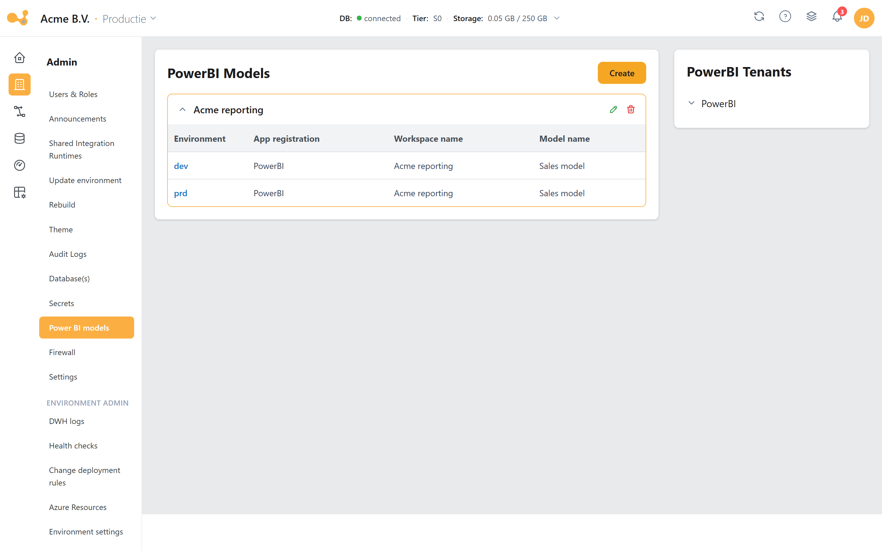 Power BI models: koppel Power BI-workspaces en -modellen per omgeving via een app-registratie voor het embedded BI-dashboard.
