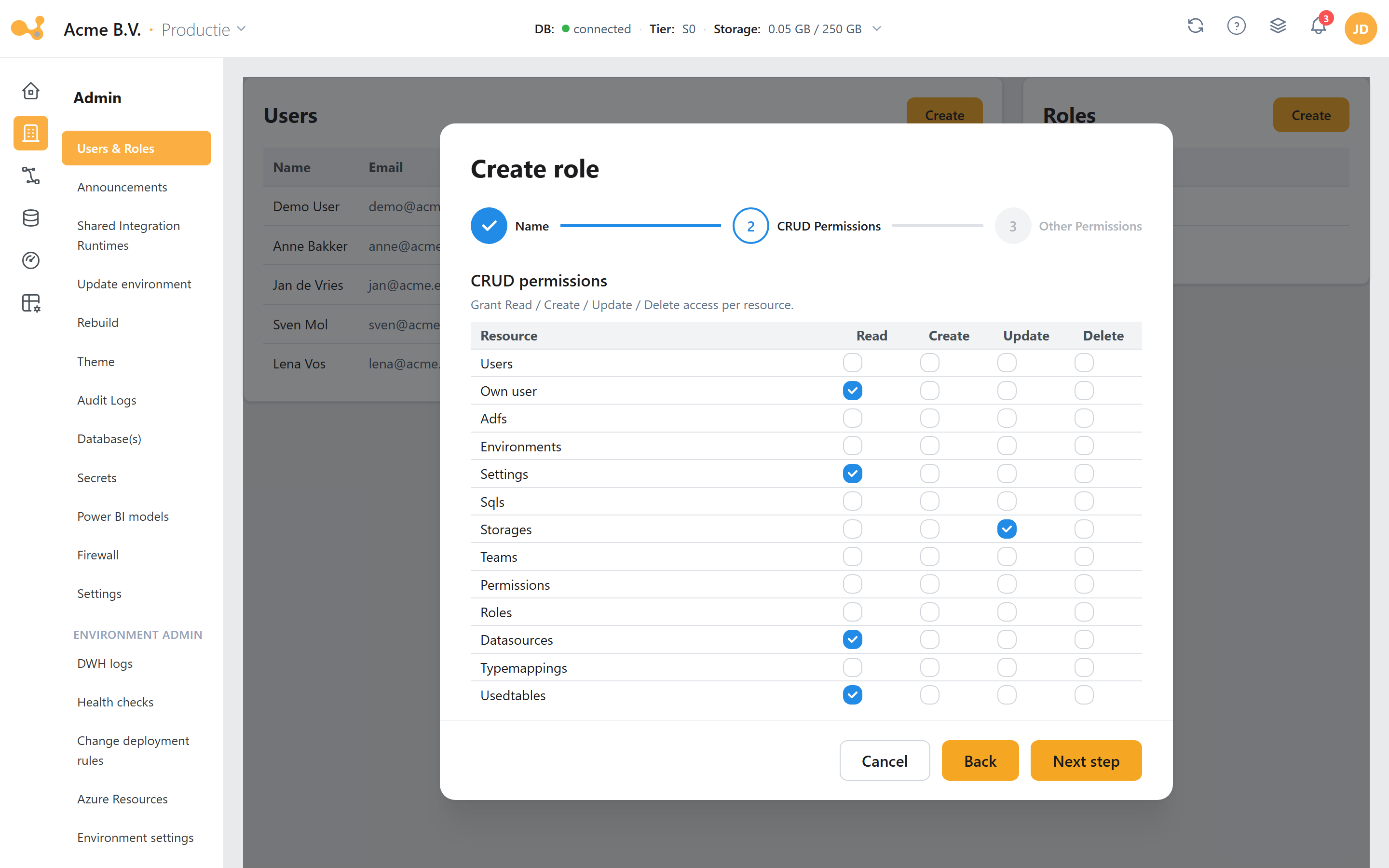Create role-wizard stap 2: CRUD-permissies per resource.
