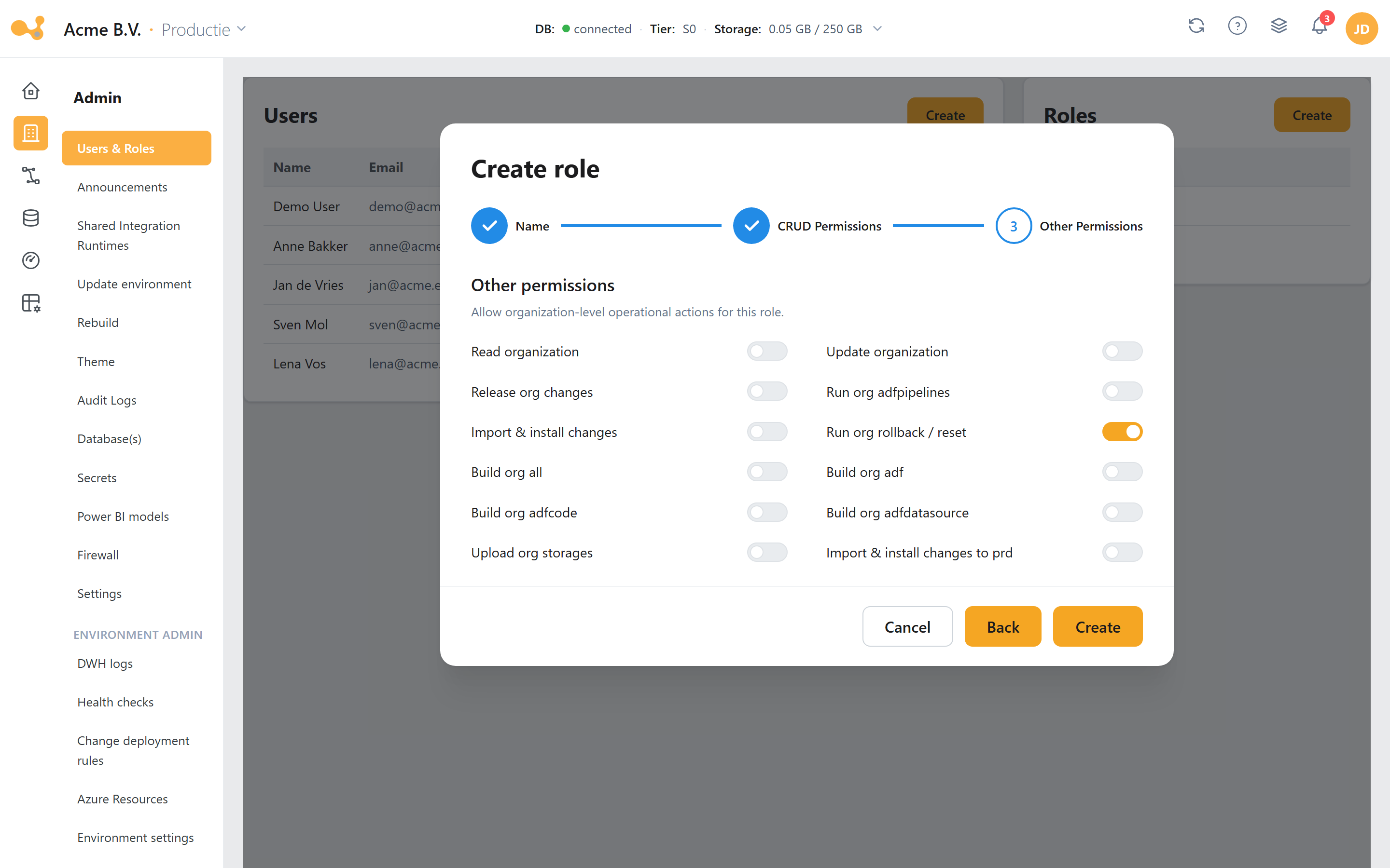 Create role-wizard stap 3: overige permissies met Allow-schakelaars.
