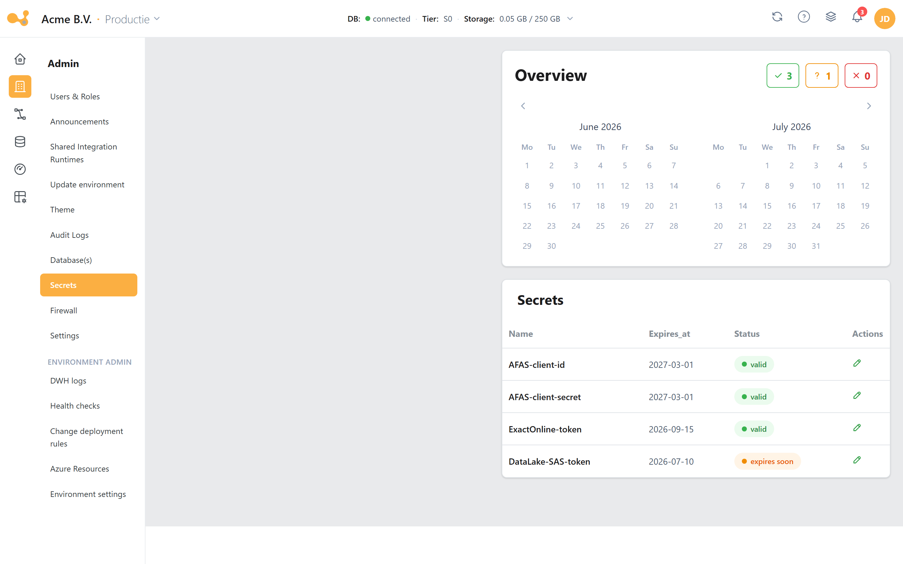 Secrets: een vervalkalender met daaronder een tabel met secrets (Name, Expires_at, Status valid/expires-soon).