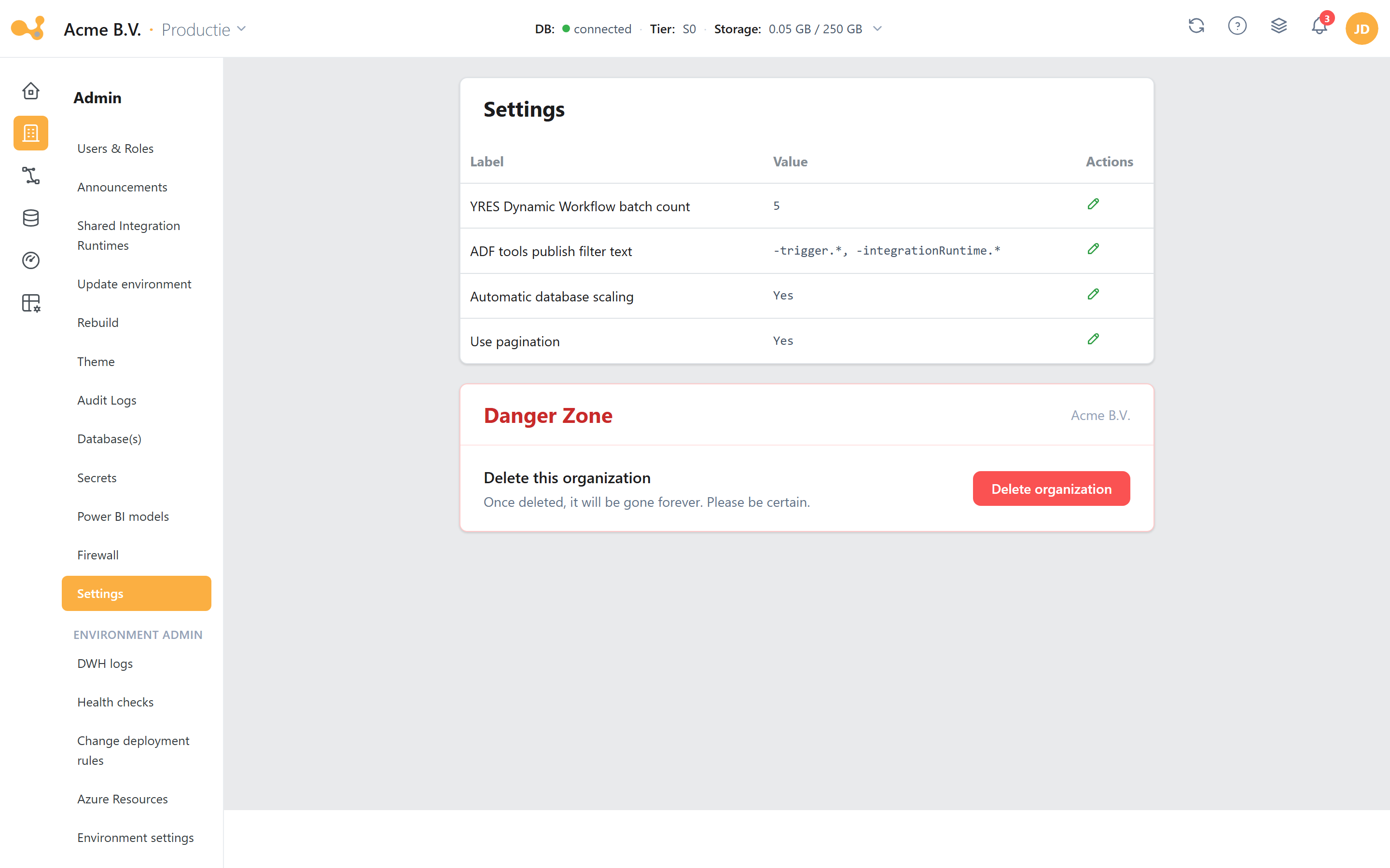 Settings: instelbare waarden (Label/Value) zoals de Dynamic Workflow batch count en de ADF publish-filter, plus een Danger Zone.