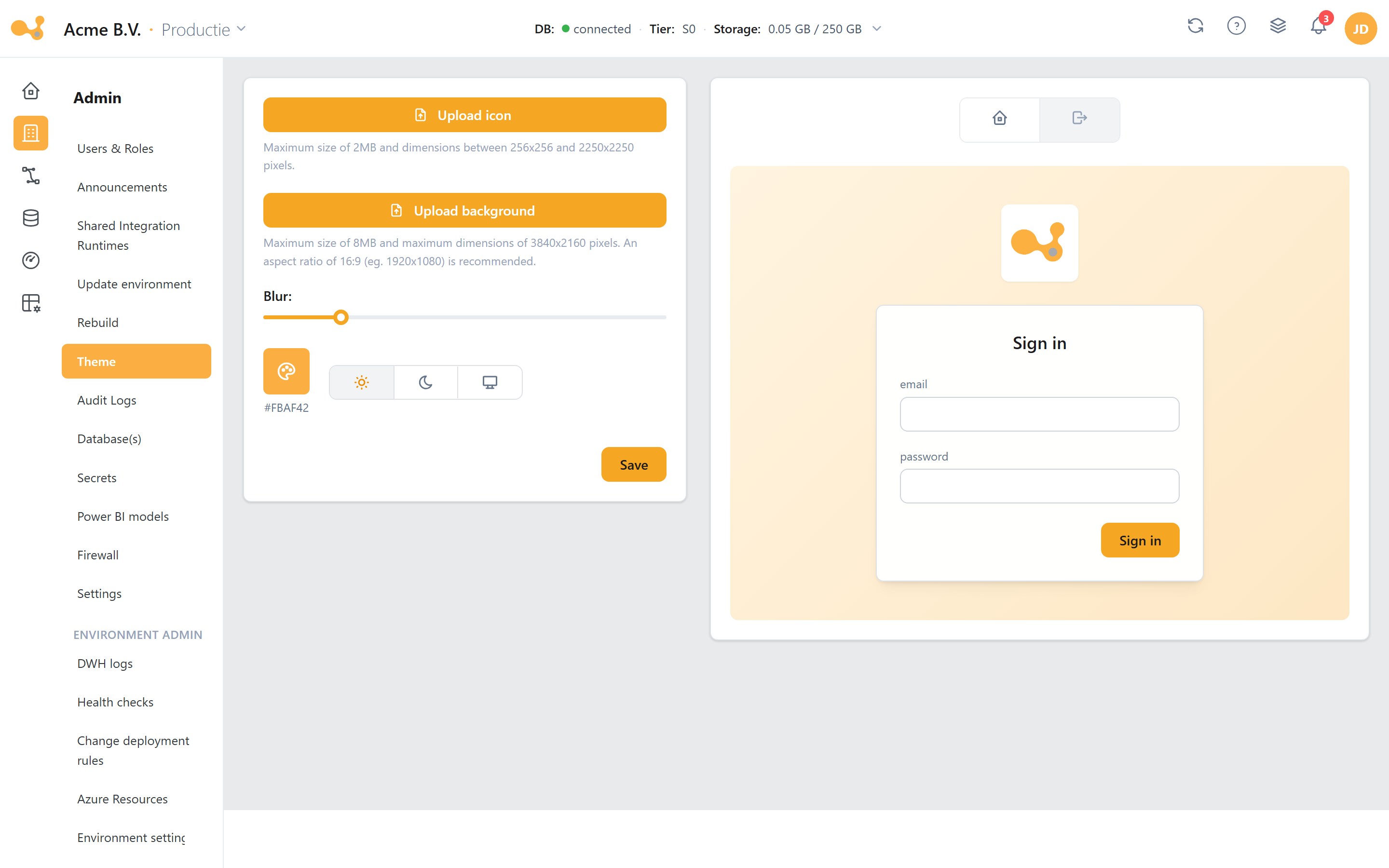 Theme: upload een eigen icoon en login-achtergrond, kies een merkkleur, blur en licht/donker/systeem-modus, met een live login-preview.