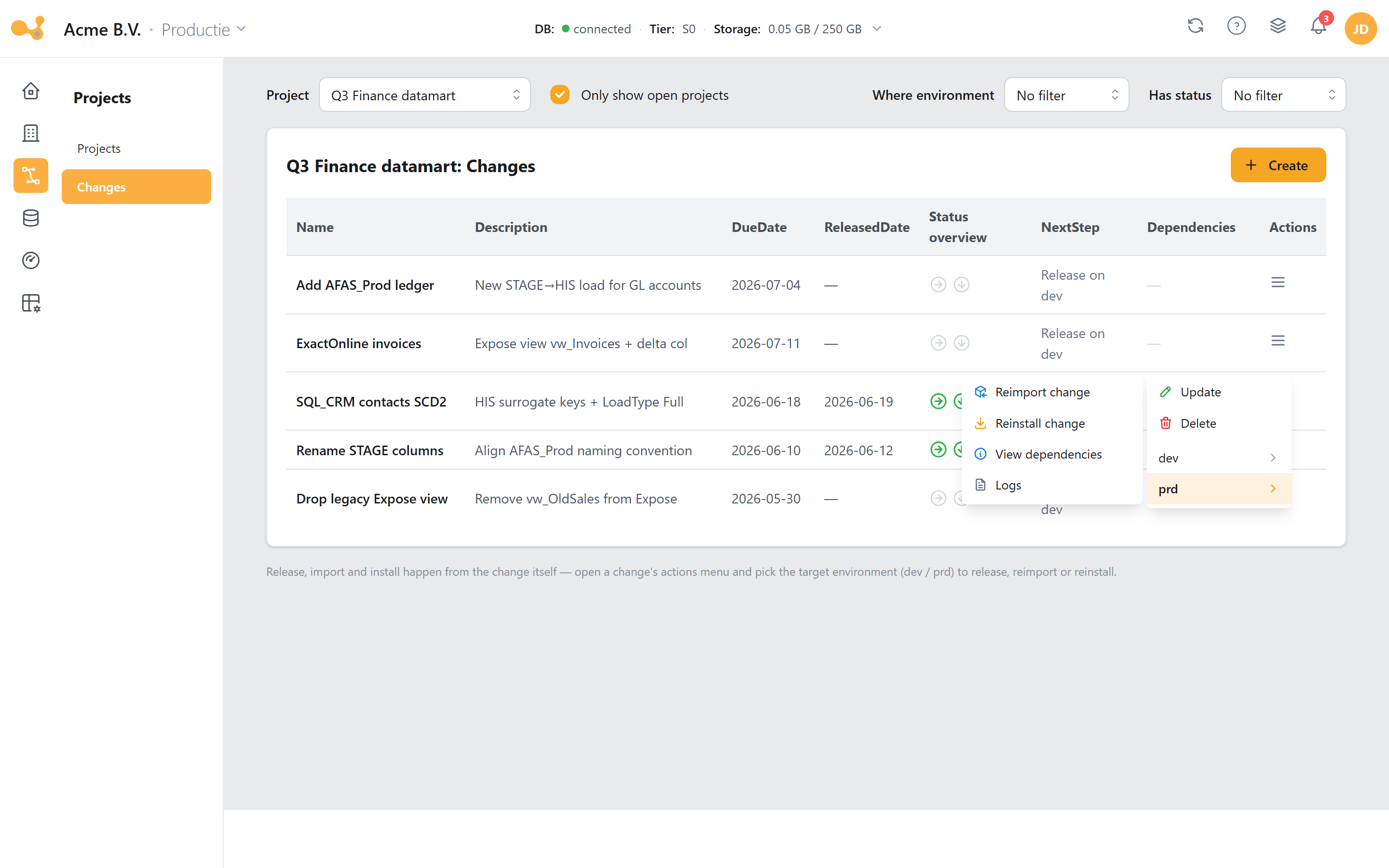 Het geopende Actions-menu (☰) van een change op het Changes-scherm, met per-omgeving submenu's (dev ▸, prd ▸): op dev een open change met release change; op een doelomgeving een gereleasede change met Reimport change en Reinstall change, plus Update, Delete, View dependencies en Logs.