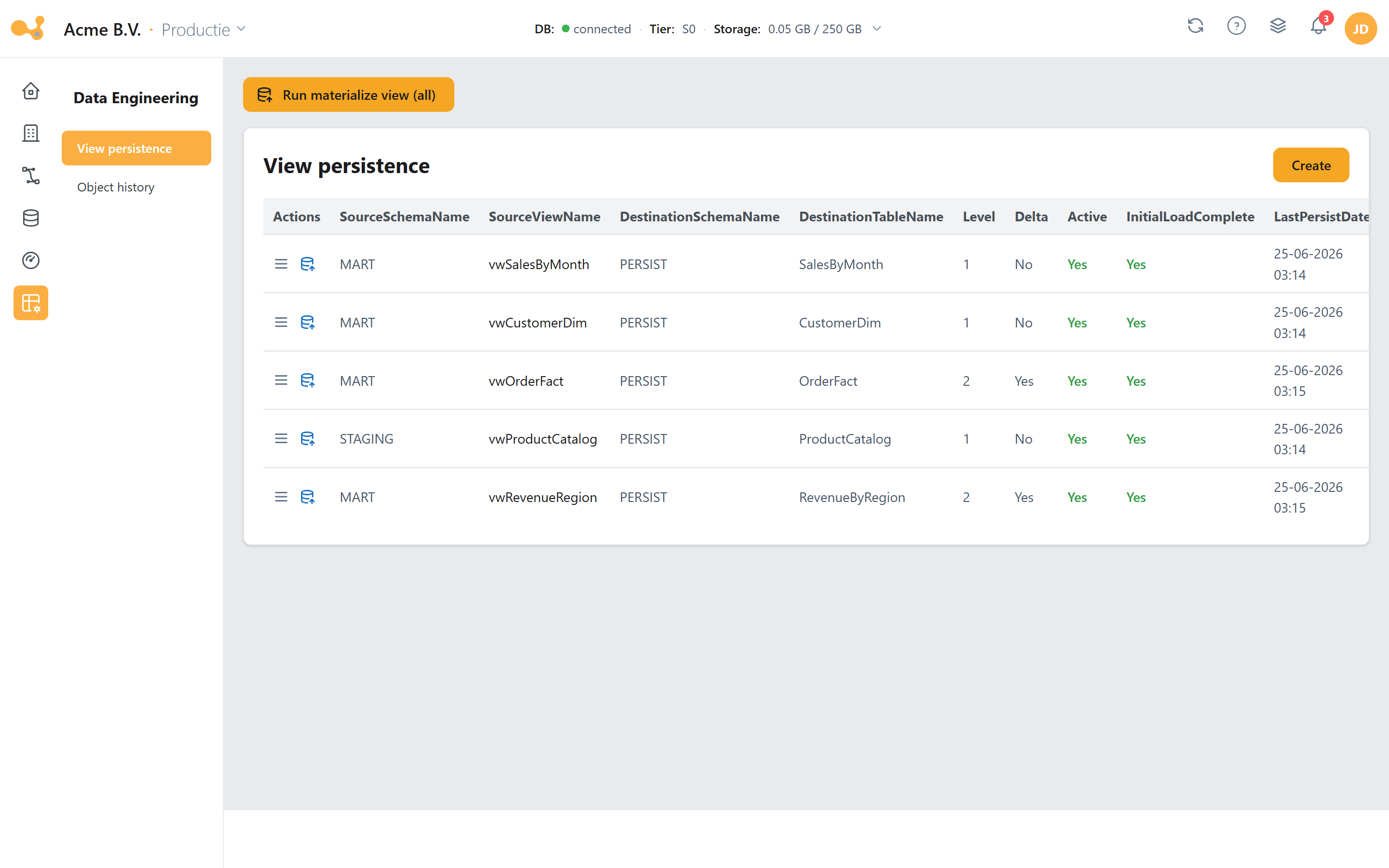 View persistence-scherm: een tabel met persisted views (bron-view naar doeltabel, Level, Delta, datums) en een formulier om een nieuwe persisted view aan te maken.