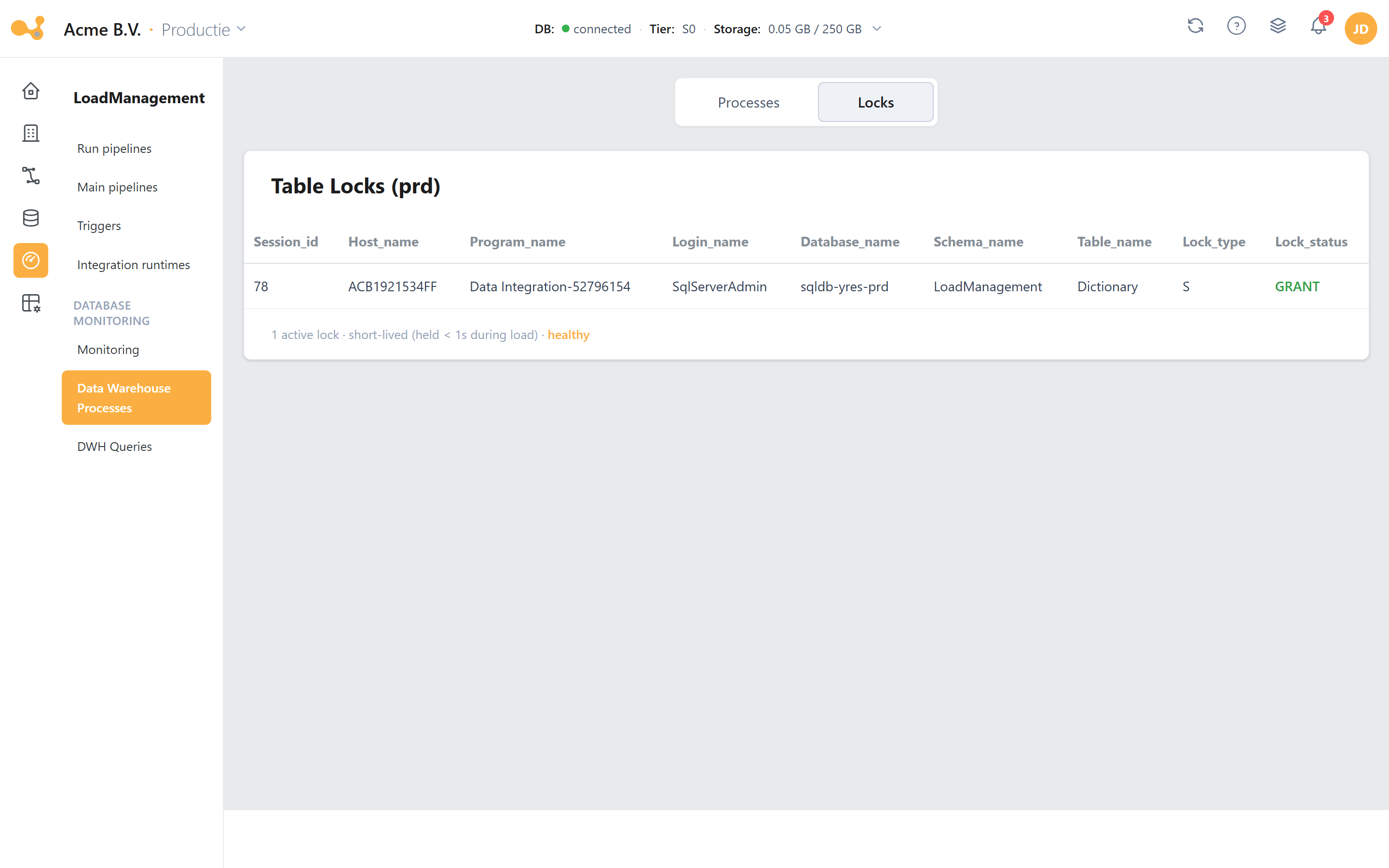 DWH processes: het Processes/Locks-overzicht met actieve table locks (session, host, login, database, schema, table, lock type).