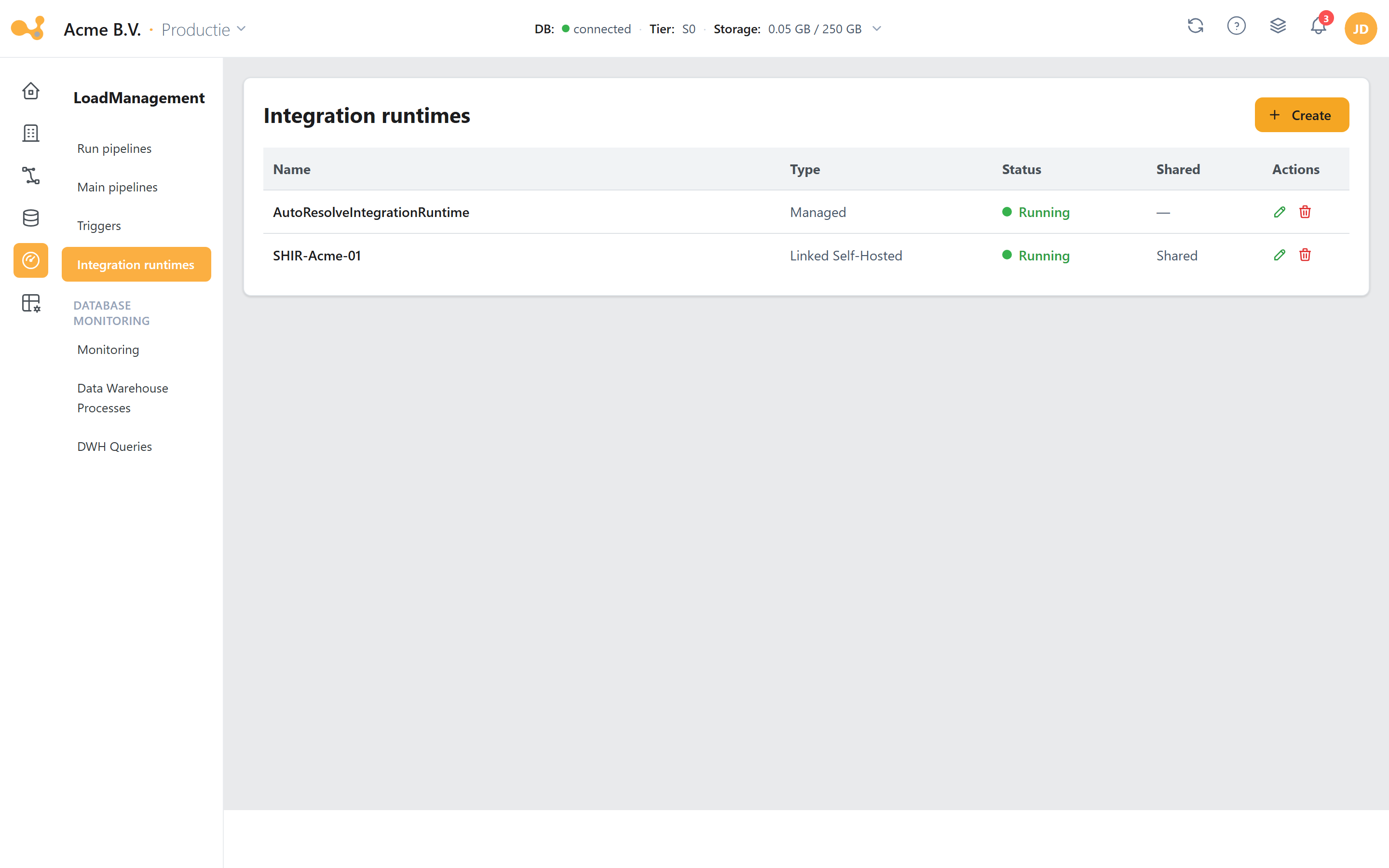Integration runtimes: de lijst met integration runtimes met hun type en draai-status, plus een Create-knop.