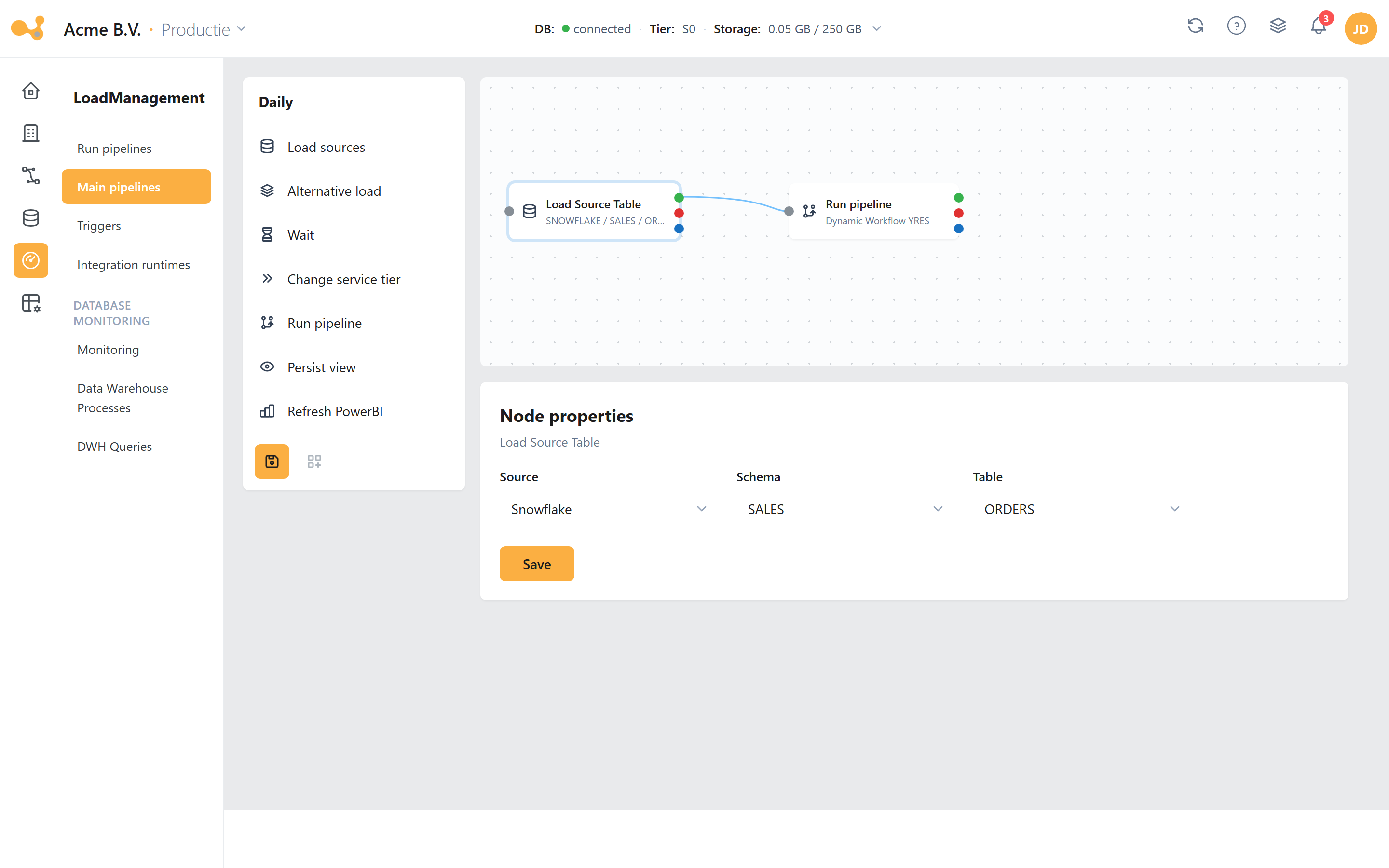 Master pipeline builder: het node-palet, een geselecteerde Load Source Table-node en het node-eigenschappenpaneel.