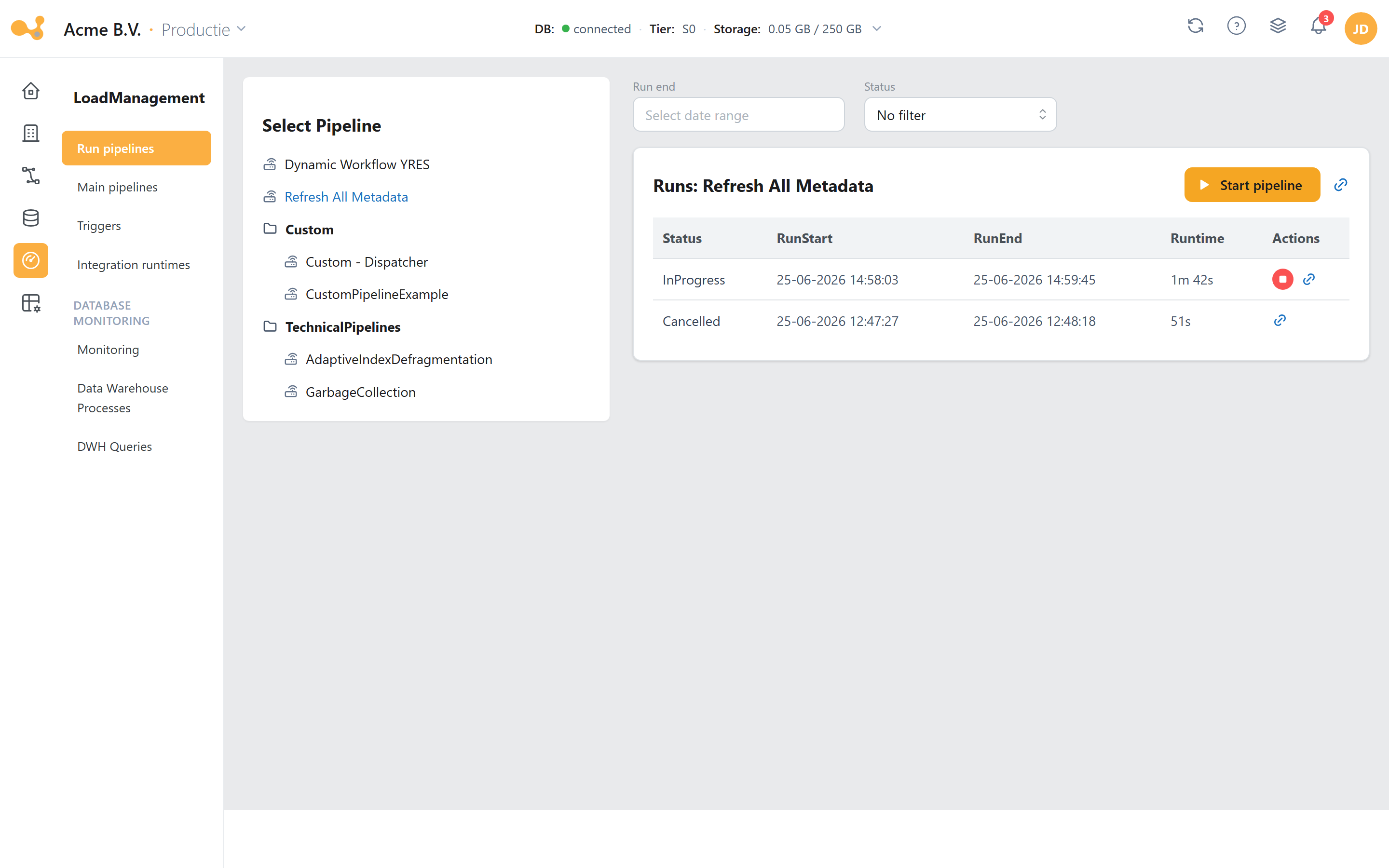 Run pipelines: links de pipeline-lijst, rechts de runs met filters en de knop om te starten.