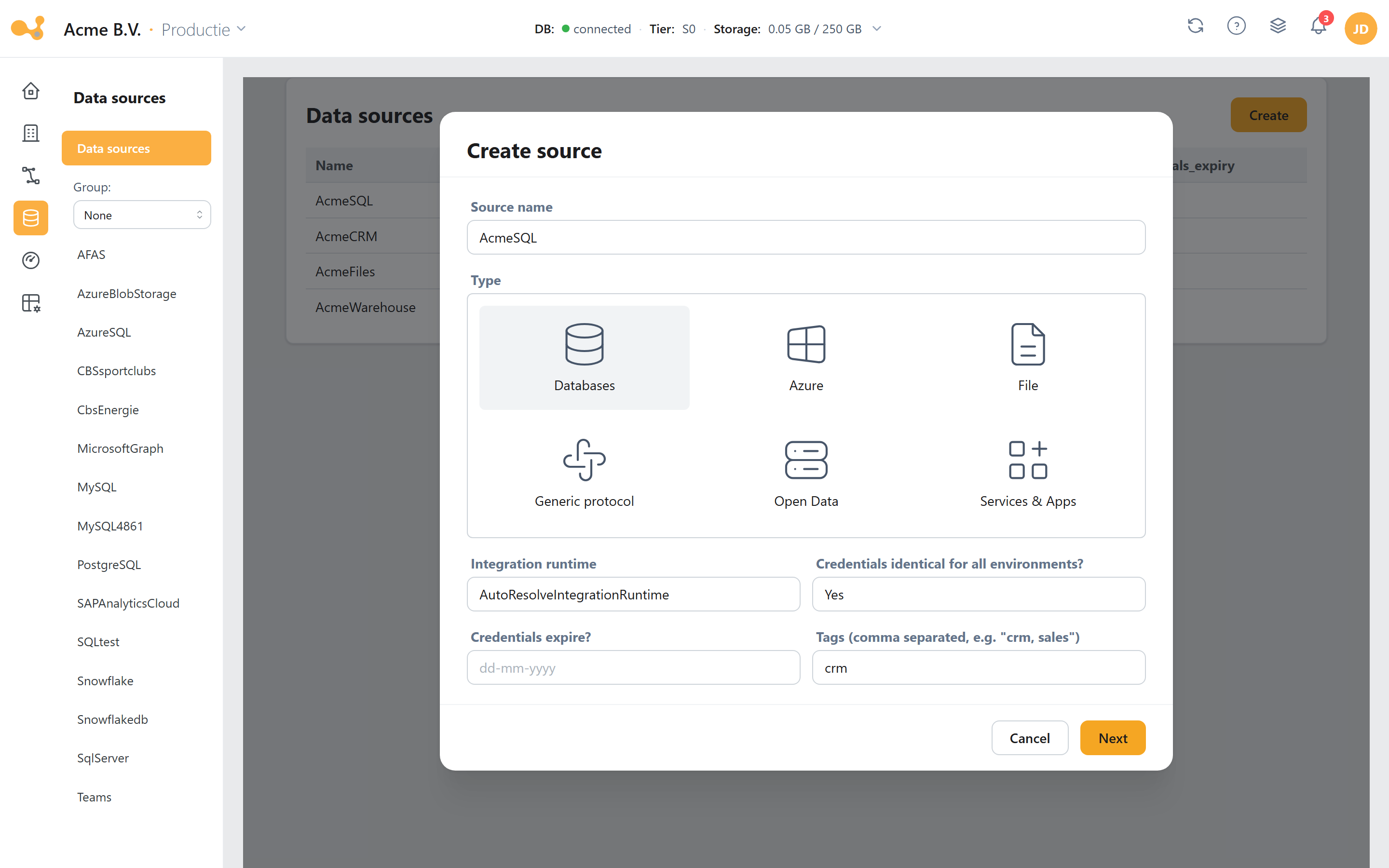 Wizard 'Create source', stap 1: de gedeelde brondefinitie-velden