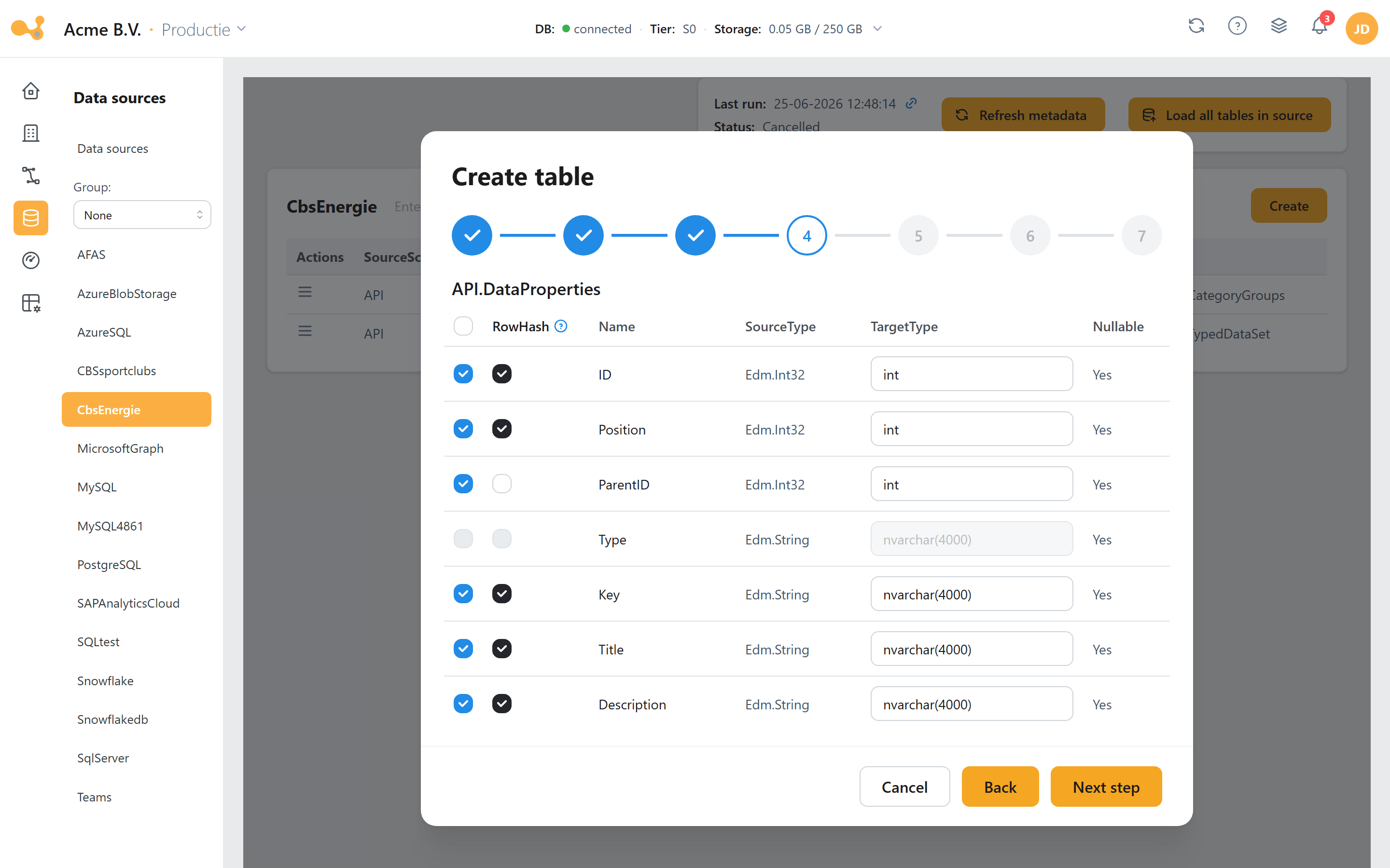De wizard Add table in Yres, geopend op de stap Columns, met een stappenbalk en een kolommentabel met RowHash-selectievakjes