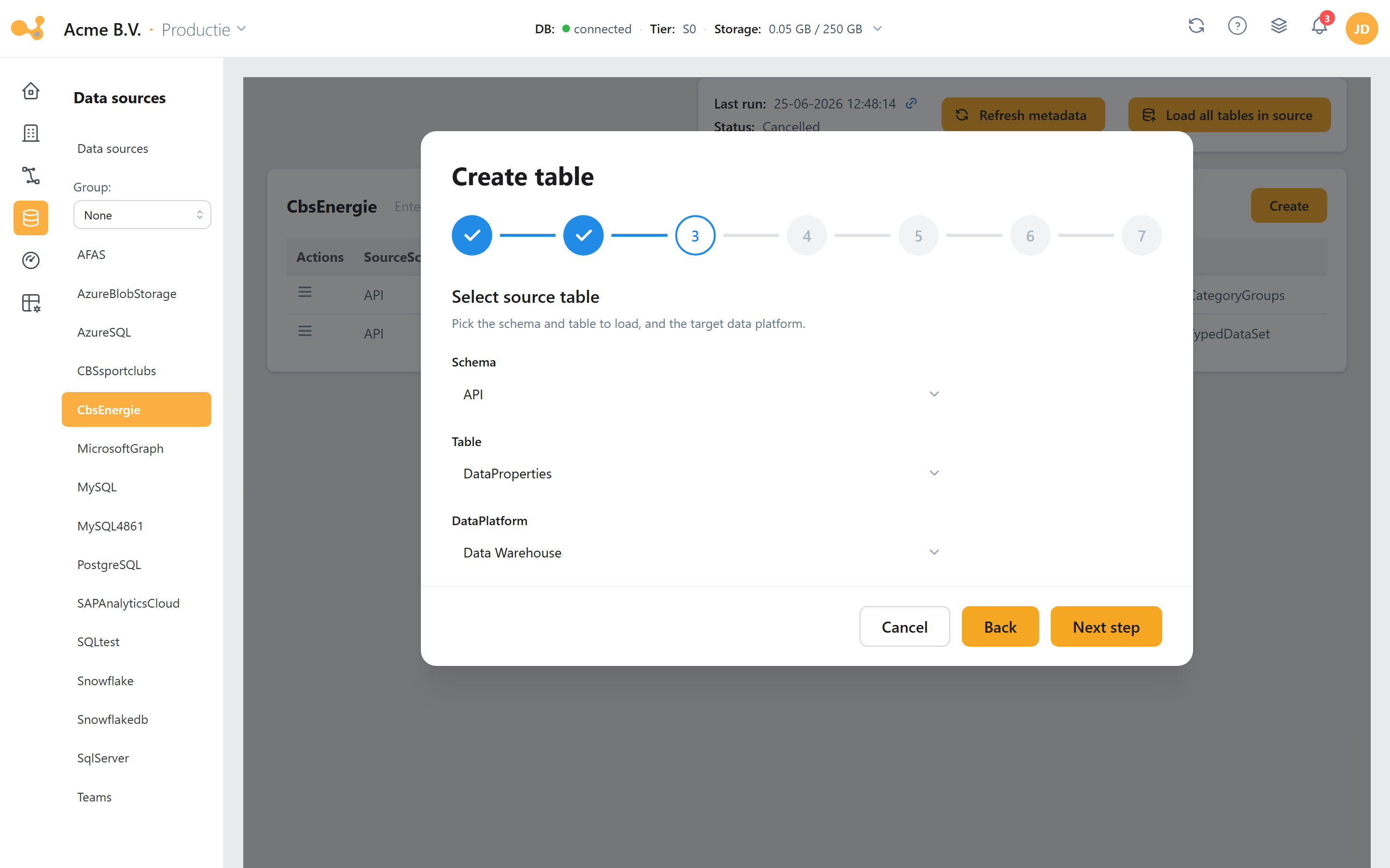 Add table-wizard: kies schema, tabel en het dataplatform.