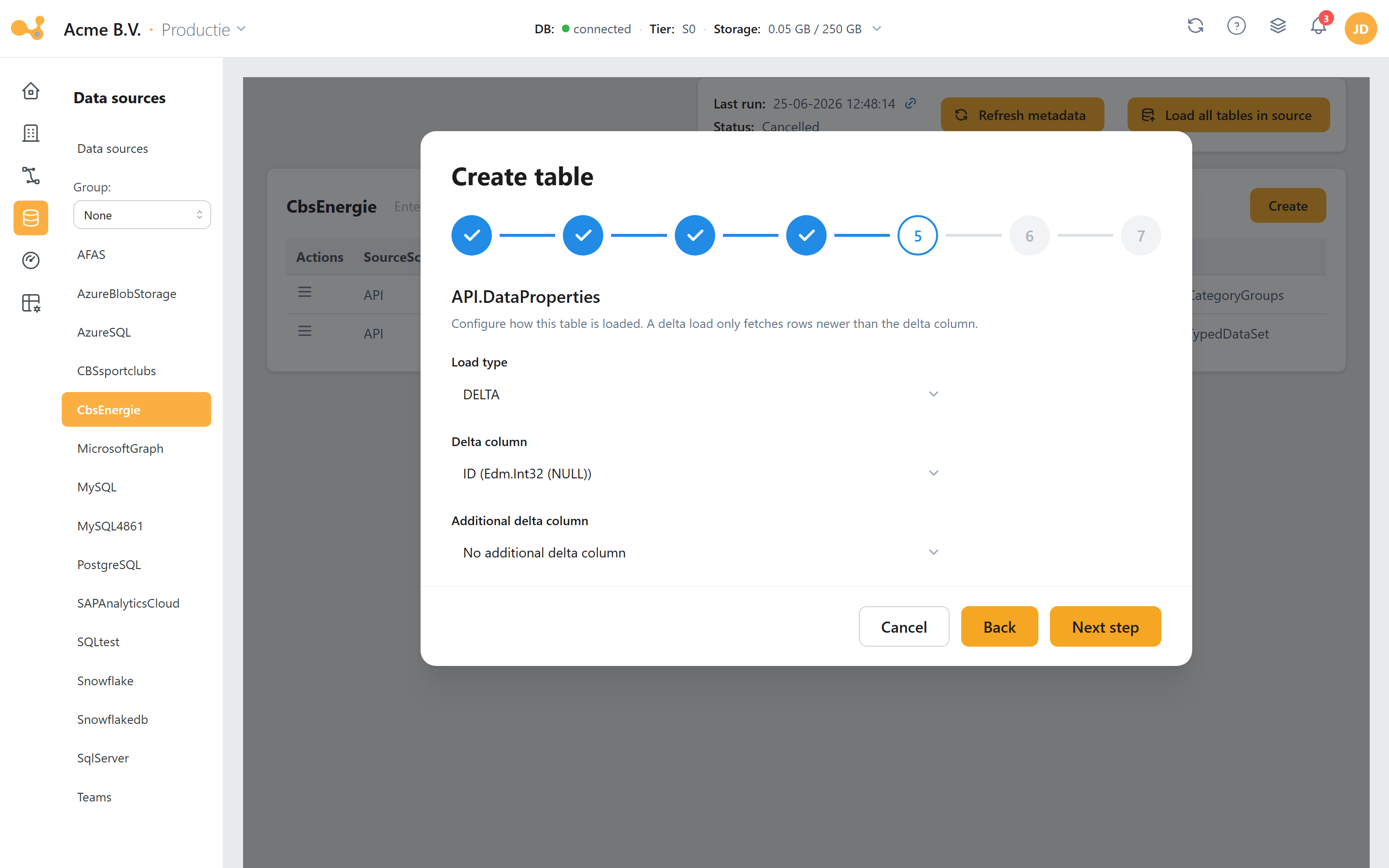 Add table-wizard: load type DELTA met een deltakolom.