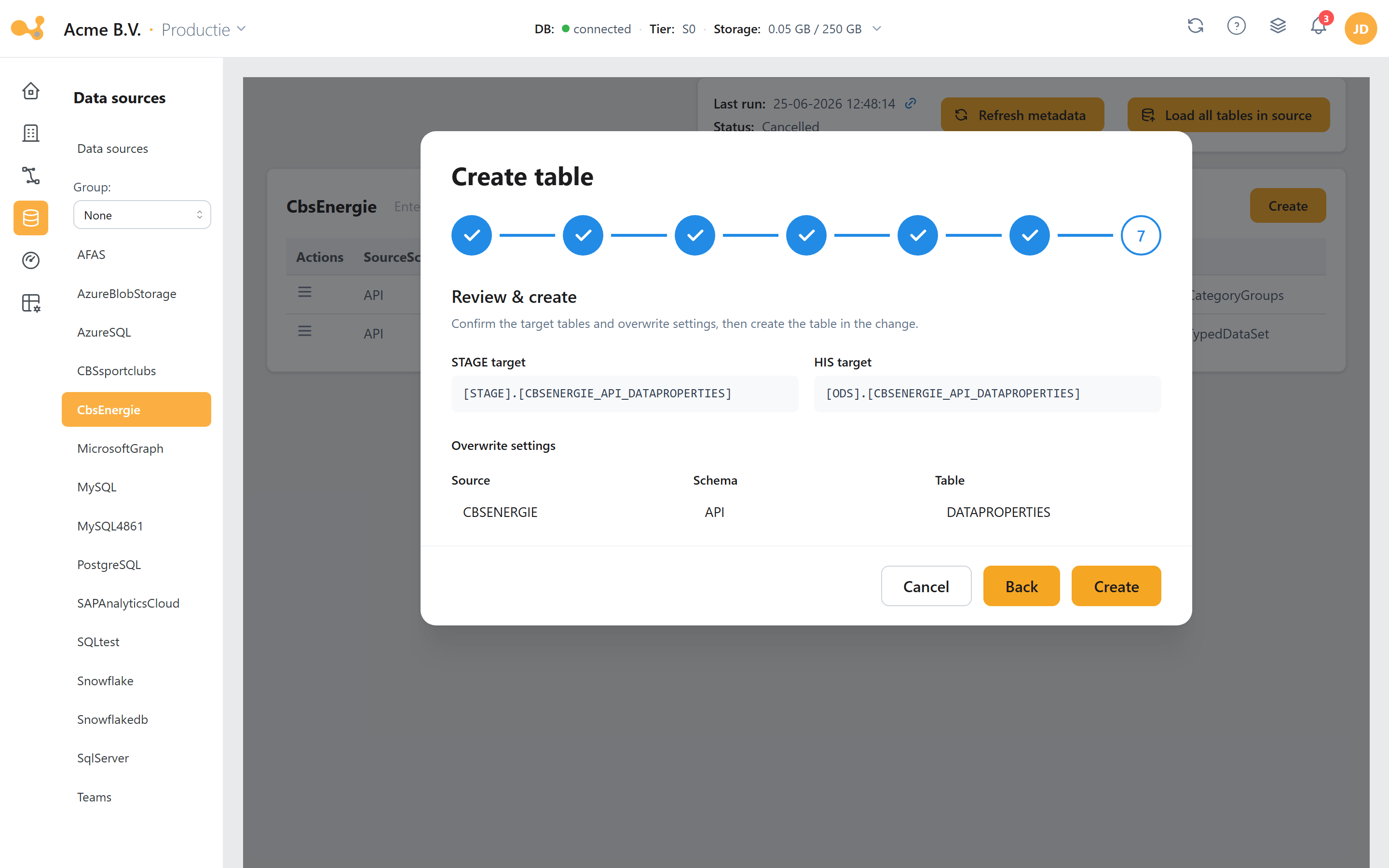 Add table-wizard, laatste stap: de fysieke STAGE- en HIS-doelnamen met de knop Create.